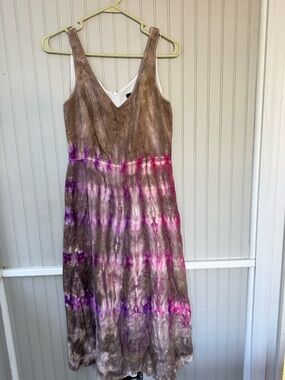 J. Crew Linen Brown Maxi Dress with Purple and Pink Tie-Dye